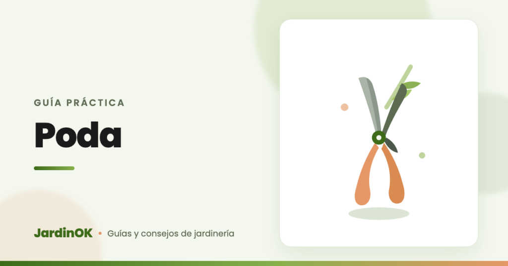 Ilustración de unas tijeras de podar con una rama verde, portada del calendario de poda